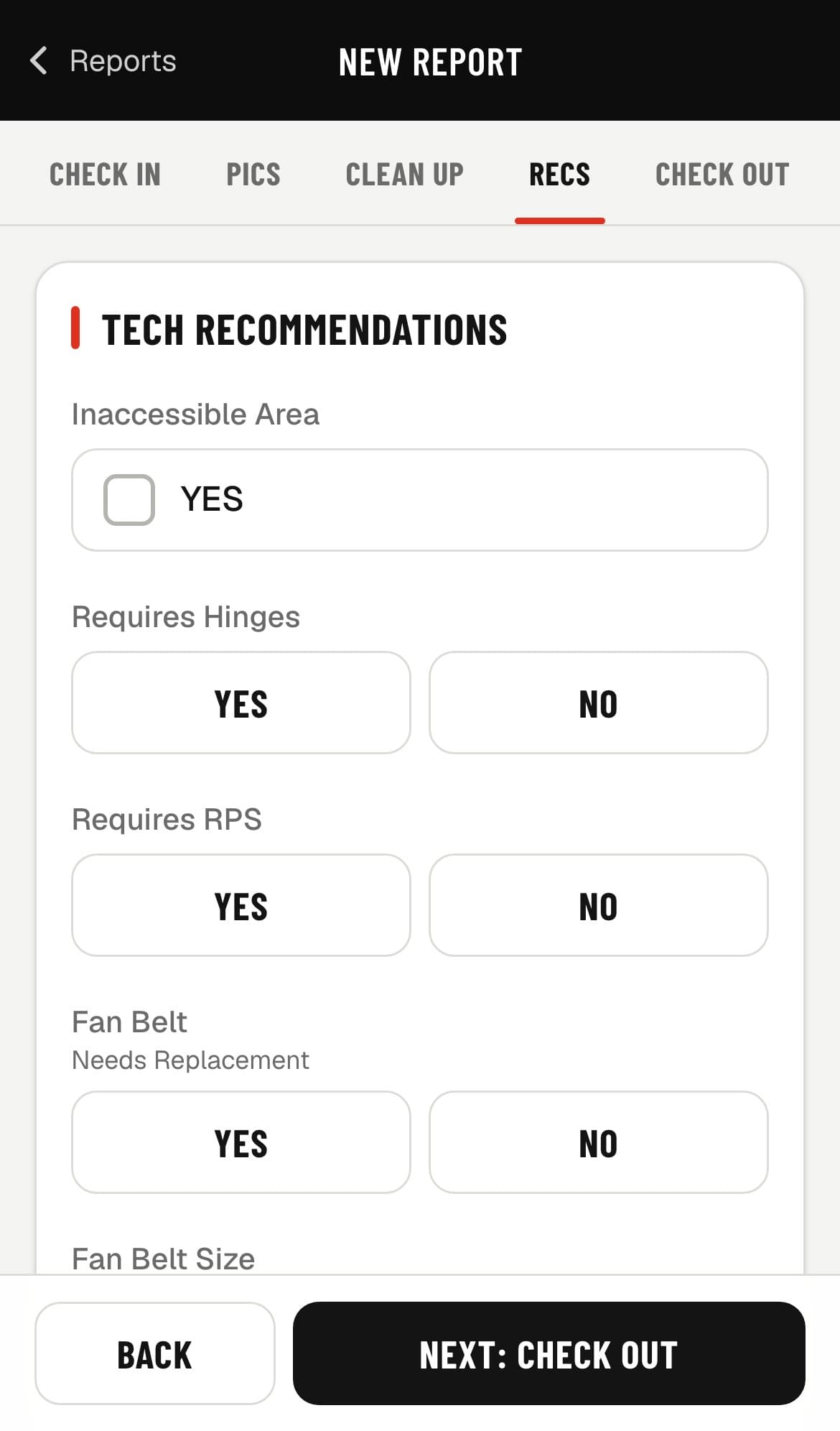 Tech recommendations step with yes/no answers for hinges, roof protection, and fan belt.