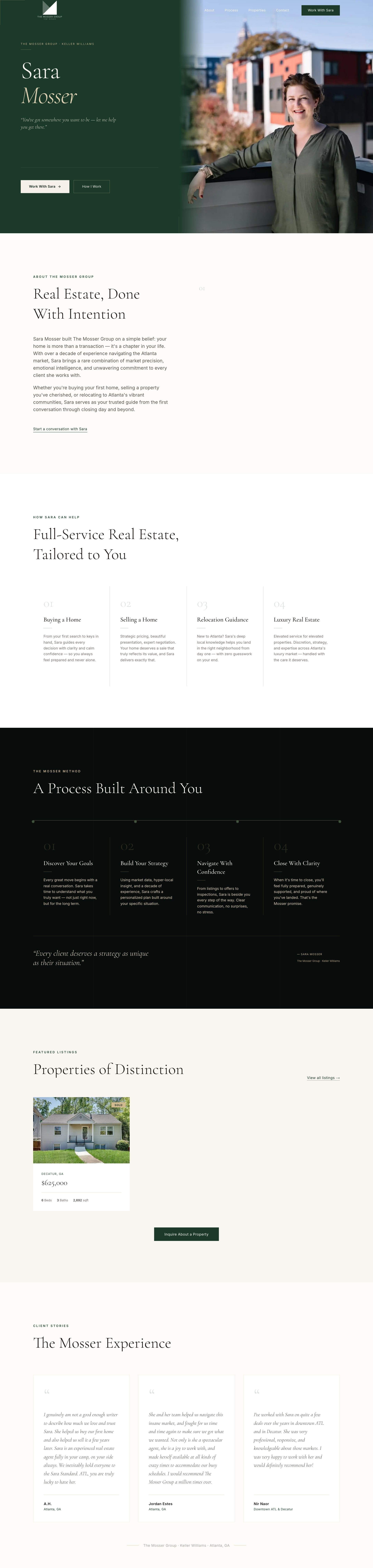 The full Mosser Group homepage, from the hero through services, process, listings, and client stories.